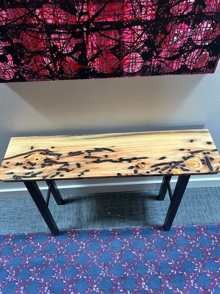 Ship worm wood console table by Cindy Petersen
